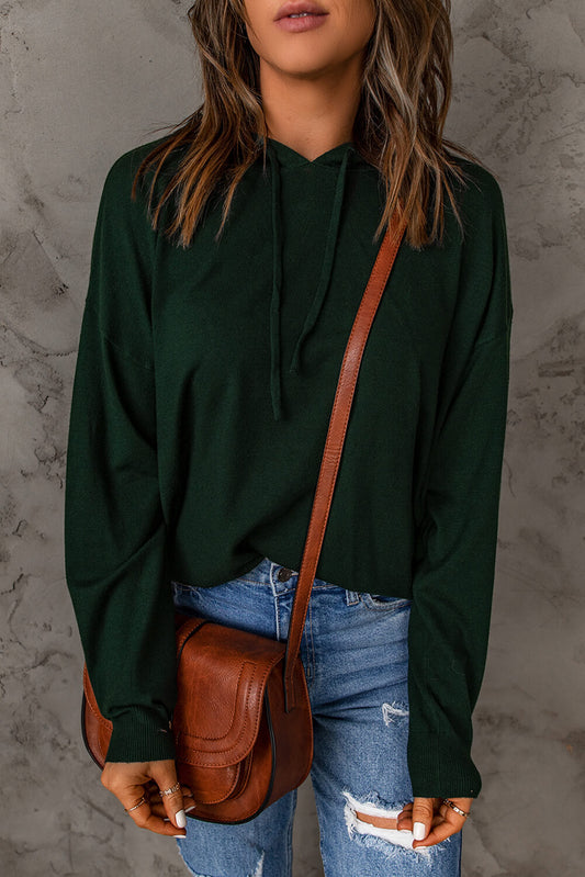 Woven Right Dropped Shoulder Drawstring Hooded Knit Top