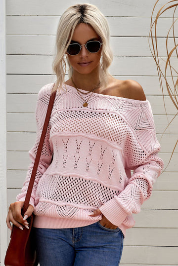 Double Take Openwork Boat Neck Pullover Sweater