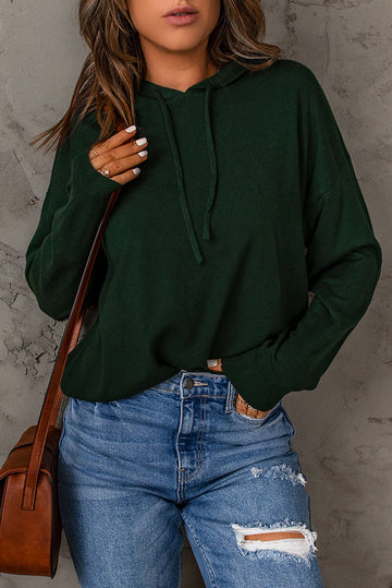 Woven Right Dropped Shoulder Drawstring Hooded Knit Top