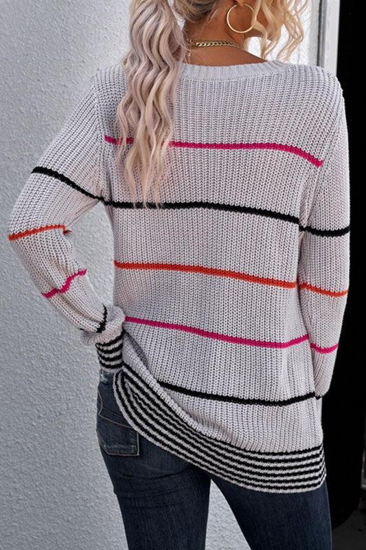 Woven Right Striped Ribbed Round Neck Long Sleeve Sweater